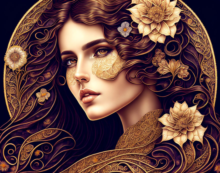 Detailed Golden Floral Patterns Adorn Woman in Artistic Illustration