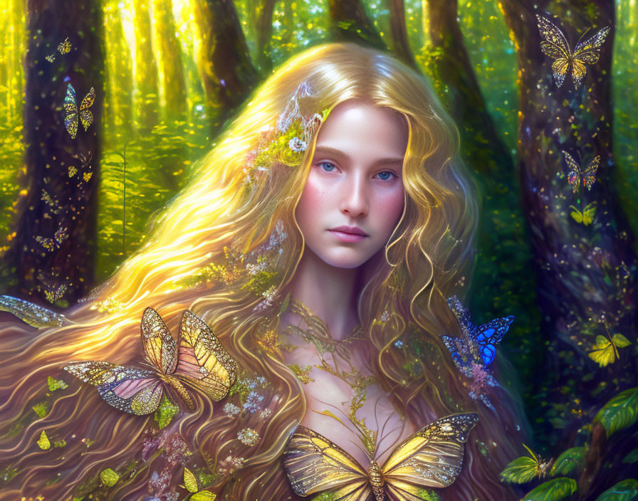 Mystical woman with golden hair and butterflies in enchanted forest