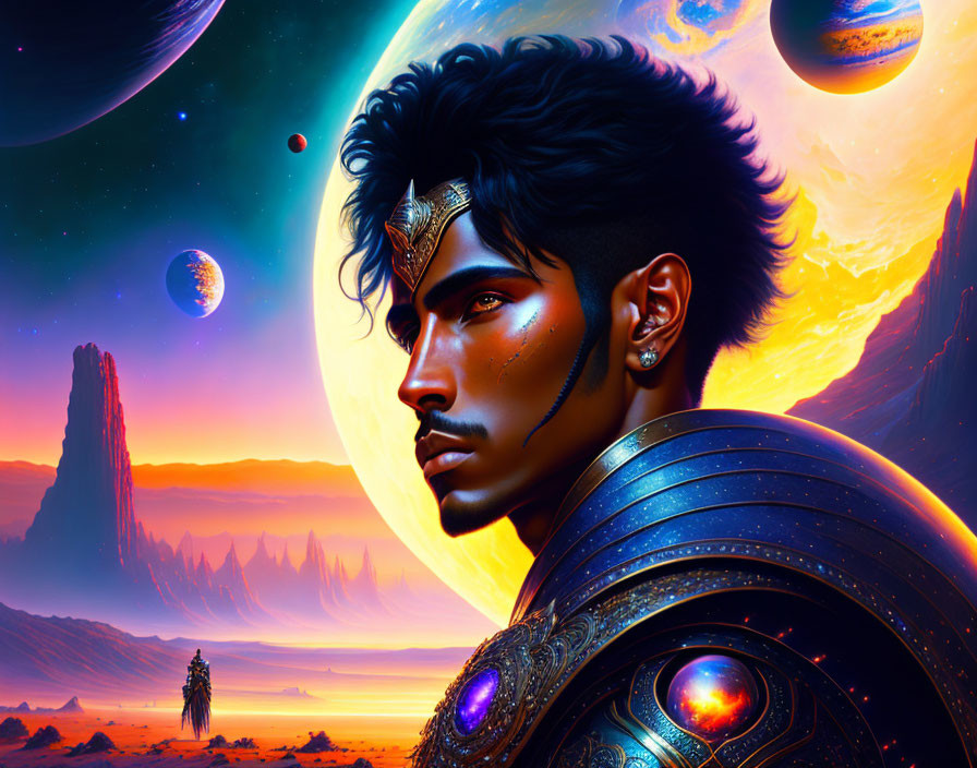 Colorful illustration of regal man in vibrant attire on otherworldly landscape