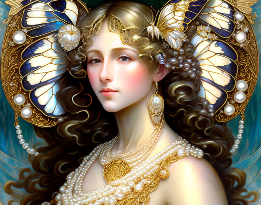 Illustrated portrait of woman with butterfly wings and golden jewelry