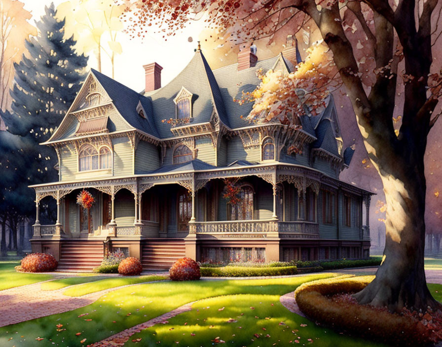 Victorian-style house surrounded by autumn trees and lawn