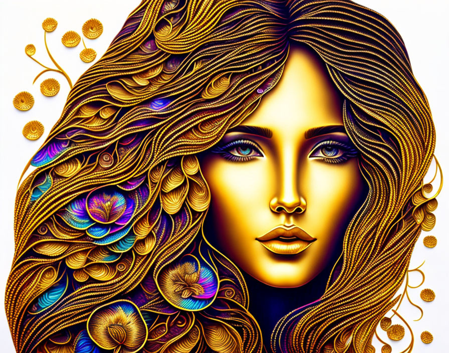 Colorful Illustration of Woman with Flowing Hair and Golden Patterns