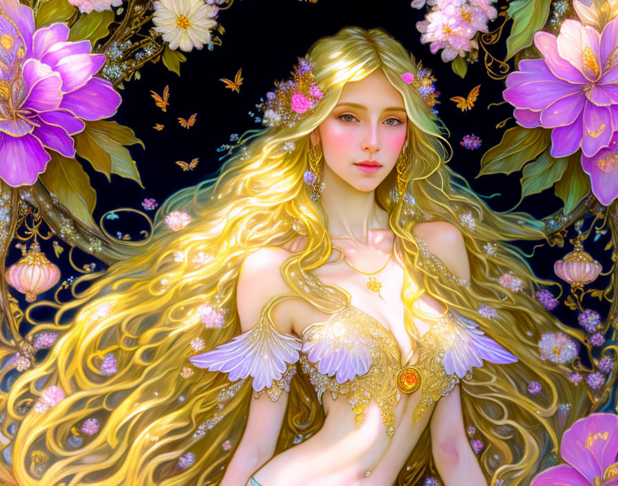 Ethereal woman with long golden hair among pink flowers and butterflies