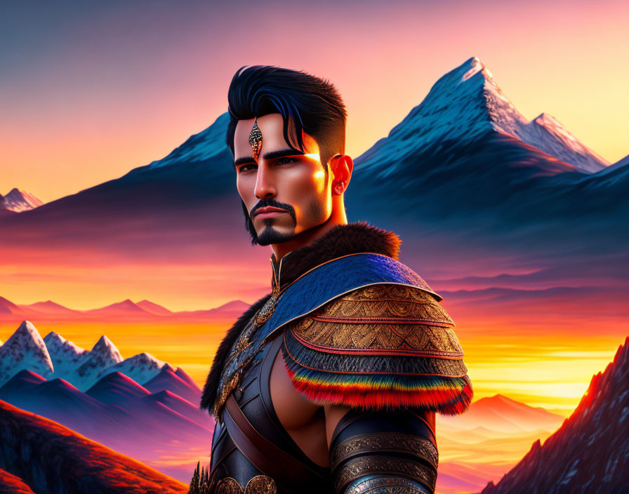 Bearded warrior in ornate armor against sunset mountains