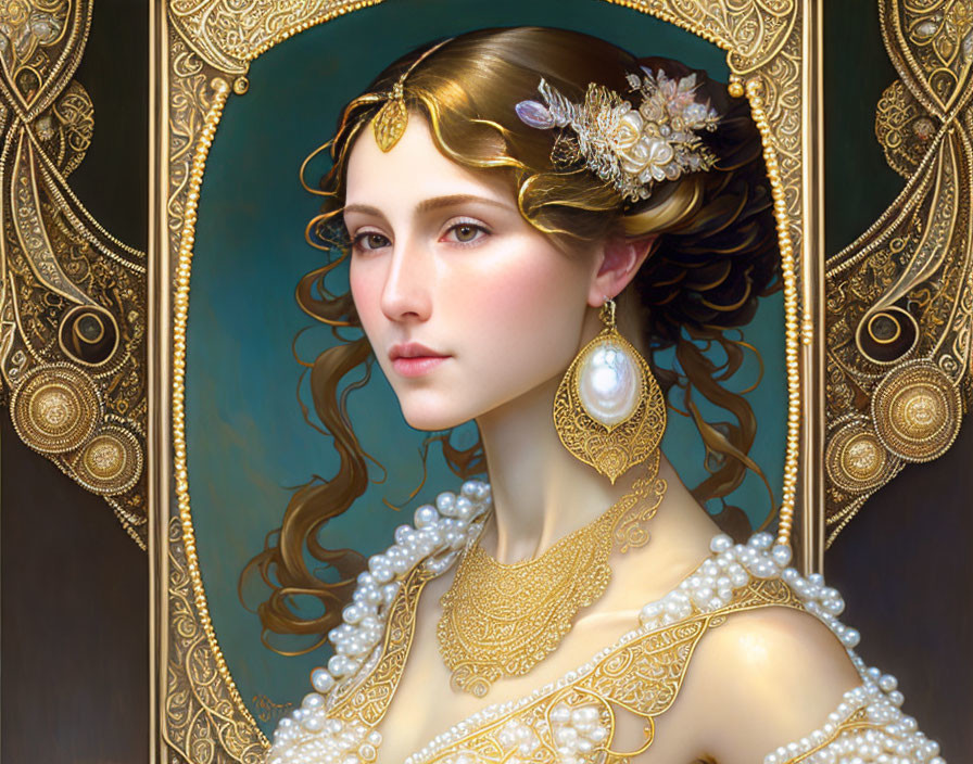 Elegant Woman with Wavy Hair and Gold Tiara in Oval Frame