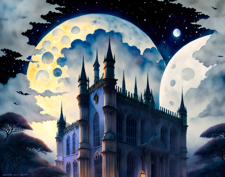 Gothic castle silhouette with two moons in night sky and mysterious trees