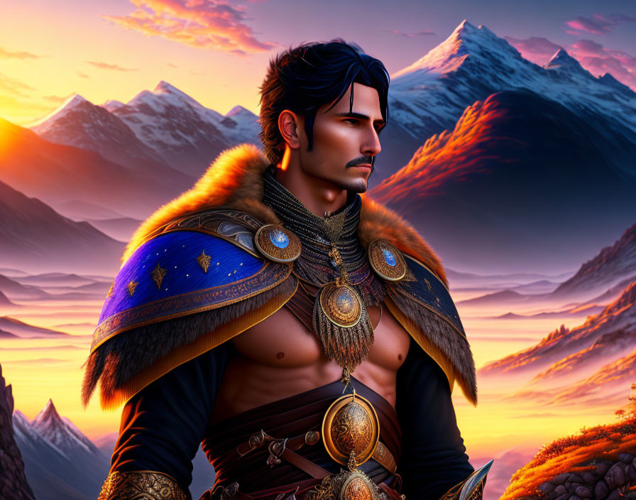 Regal man in fantasy setting with golden armor and blue cape