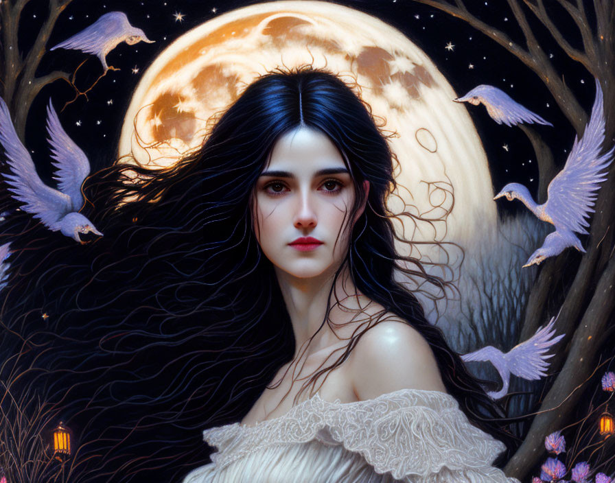 Woman with long dark hair, doves, full moon, night sky, forest frame