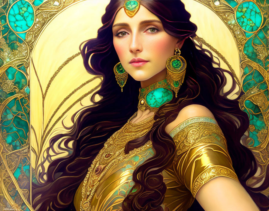 Woman with Long Brown Hair in Art Nouveau-Inspired Setting