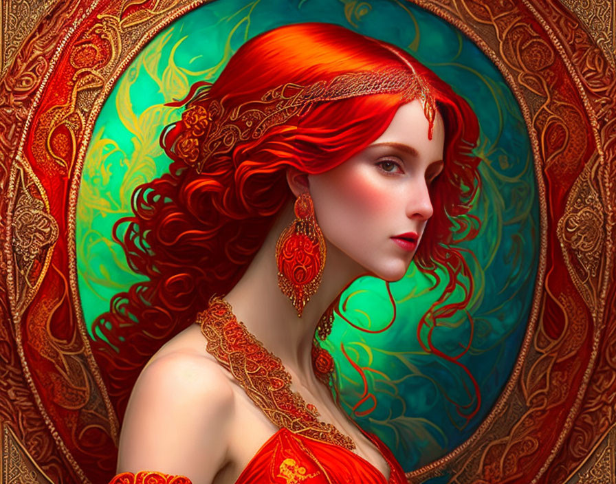 Illustration: Woman with flowing red hair in ornate attire, surrounded by circular pattern