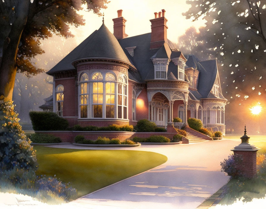 Victorian house illustration at dusk with warm sun glow and stained-glass windows