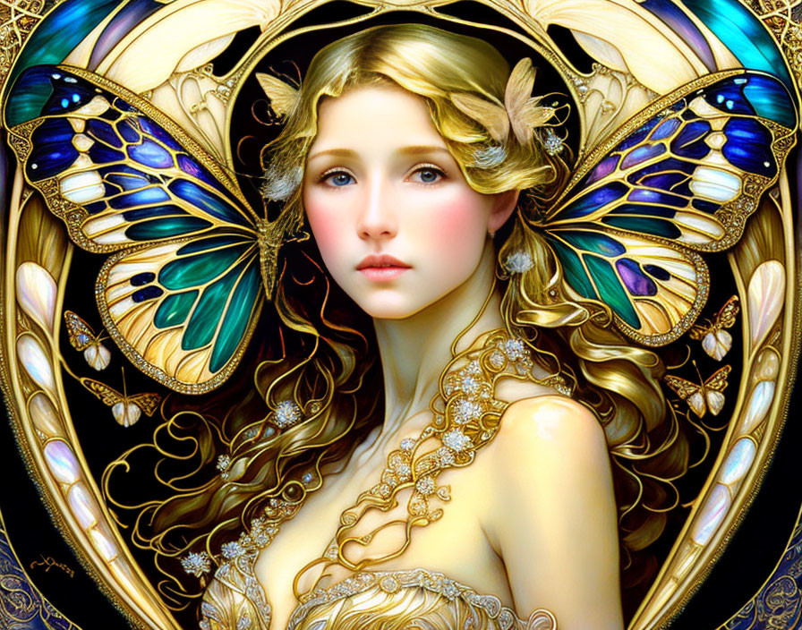 Illustrated woman with butterfly wings and golden hair in art nouveau style