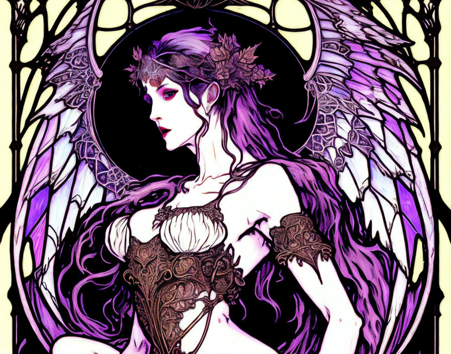 Purple-winged fantasy female in ornate attire under gothic arch.