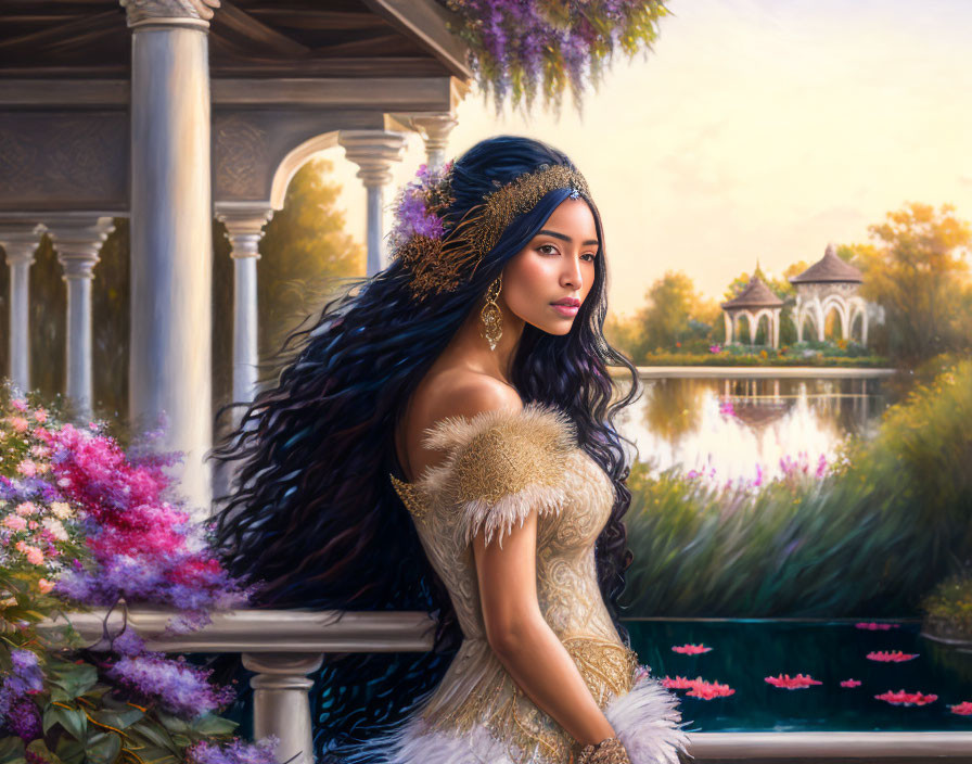 Woman with long dark hair in gold headpiece by lush garden & lake.