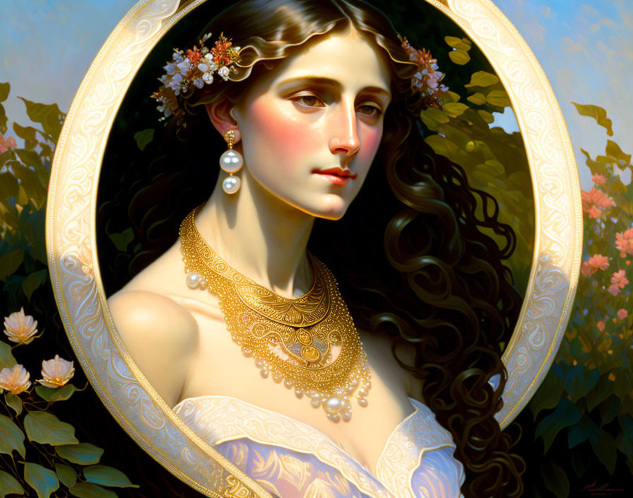 Woman with Dark Flowing Hair and Floral Accessories in Intricate Golden Jewelry