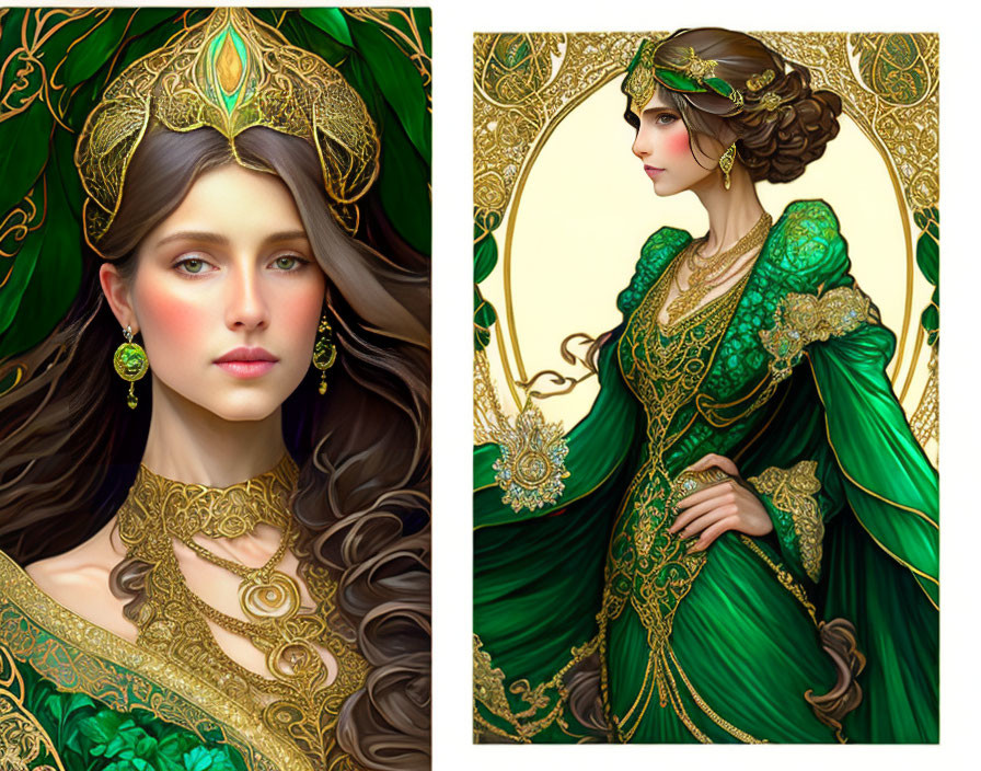 Illustrated woman in ornate green dress with intricate gold jewelry and headdress in Art Nouveau style