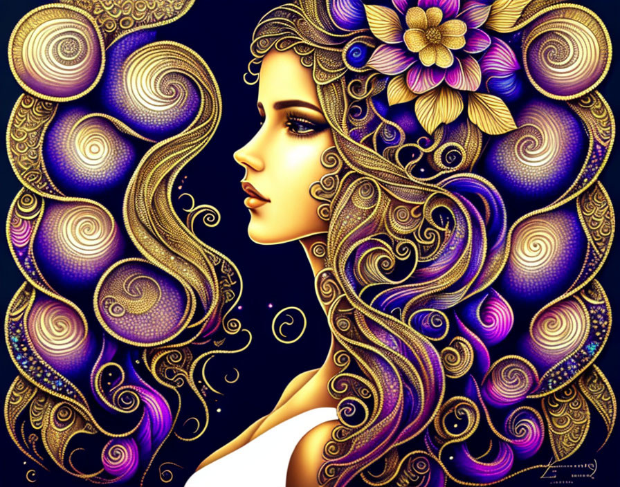 Detailed artistic illustration of woman with ornate swirling hair in purple and gold tones with floral and intricate patterns