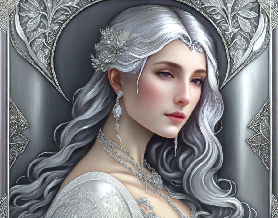 Silver-haired woman with tiara, jewelry & high-collared garment