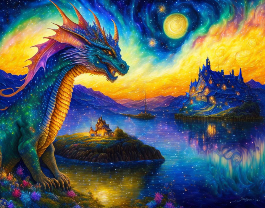 Majestic blue and green dragon in vibrant fantasy landscape