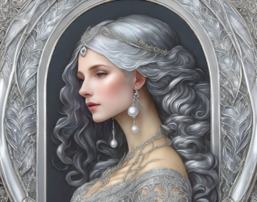 Silver-haired woman adorned with intricate jewelry in ornate oval frame