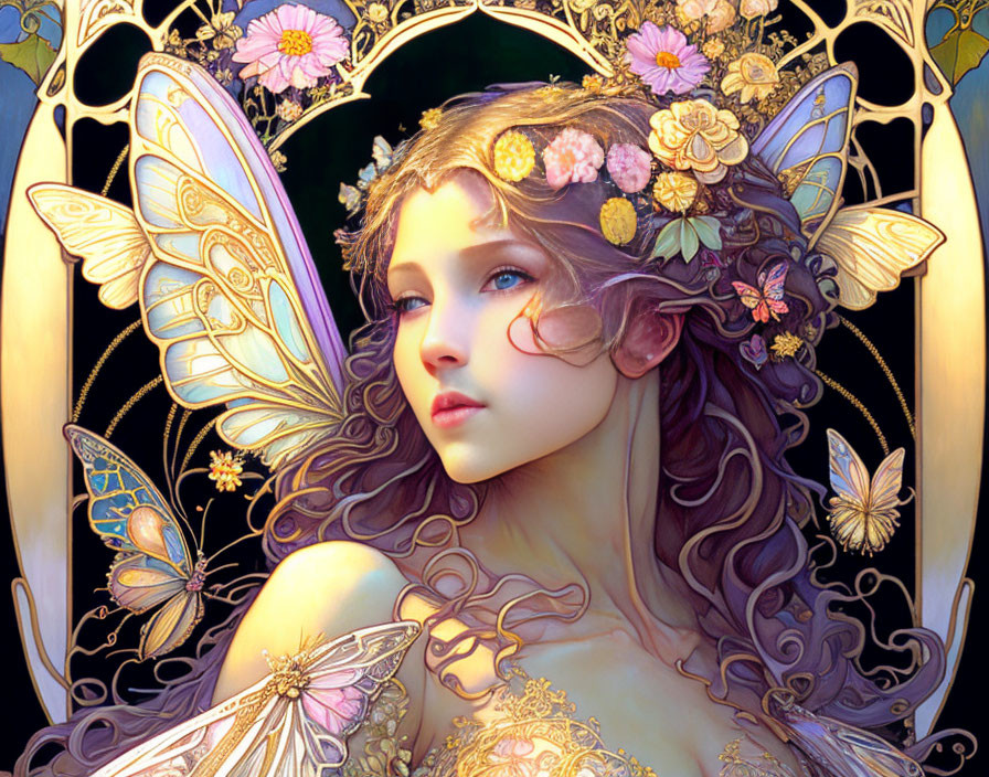 Fantasy illustration of woman with butterfly wings and golden details