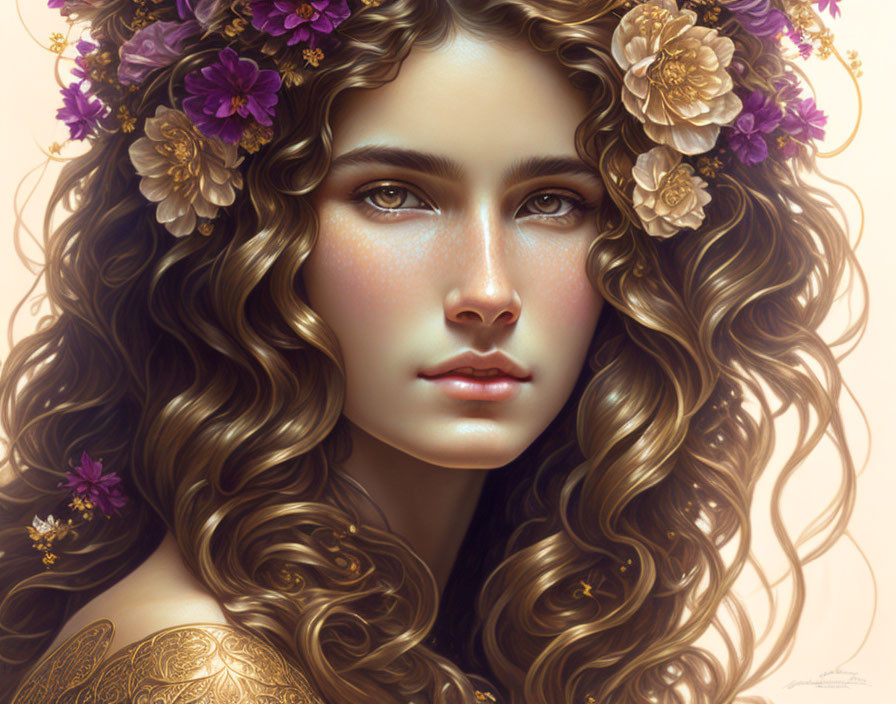 Detailed digital portrait of a woman with long, curly brown hair and floral crown