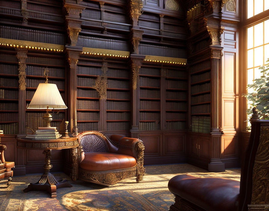 Luxurious wood-paneled library with ornate bookshelves and leather seating