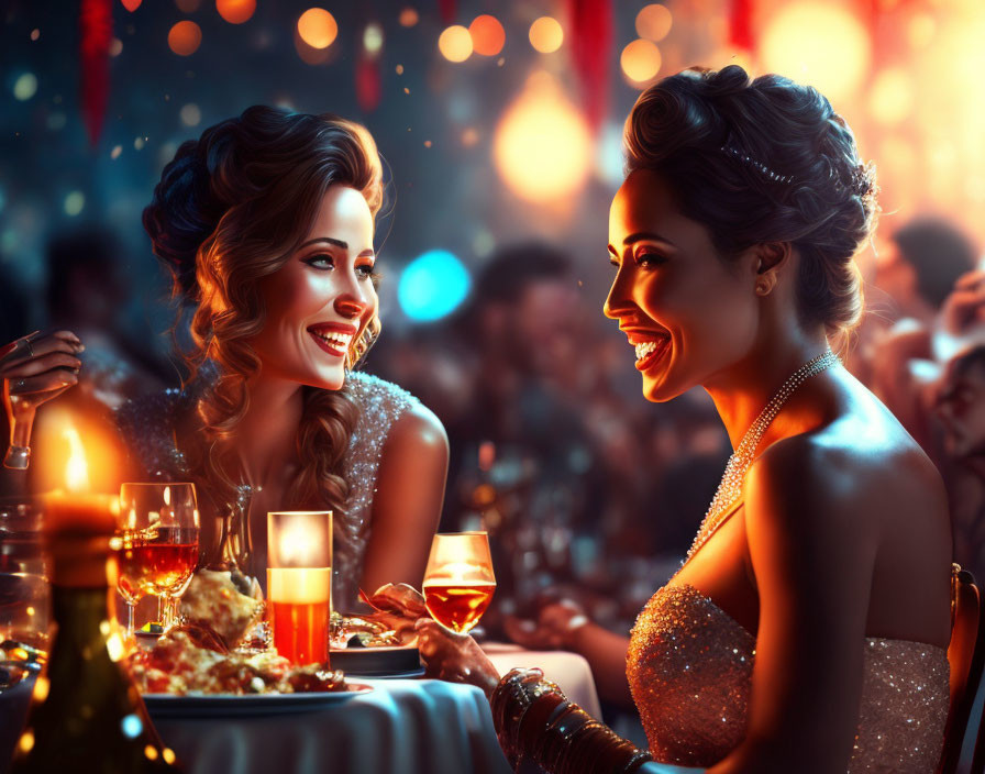 Glamorously dressed women chatting at elegant dinner setting