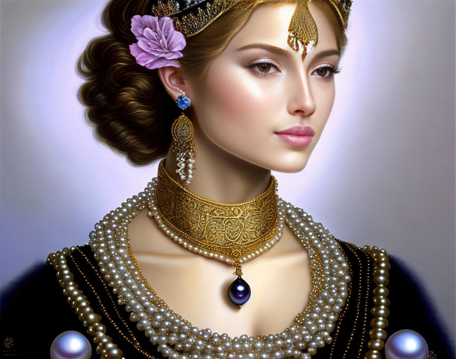 Digital illustration: Woman with gold tiara, pearl necklace, earrings, and flower in hair