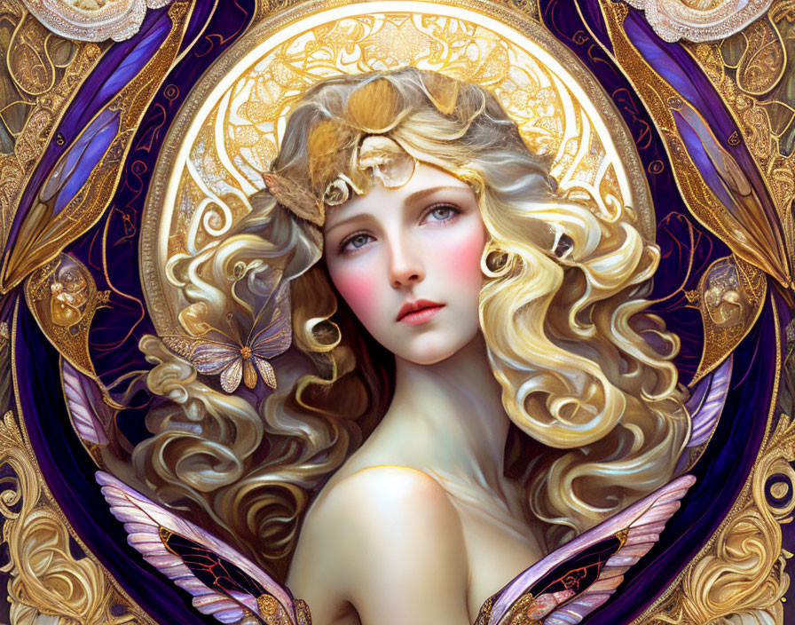 Illustrated portrait of woman with golden hair and leaf crown, surrounded by gold and purple designs.