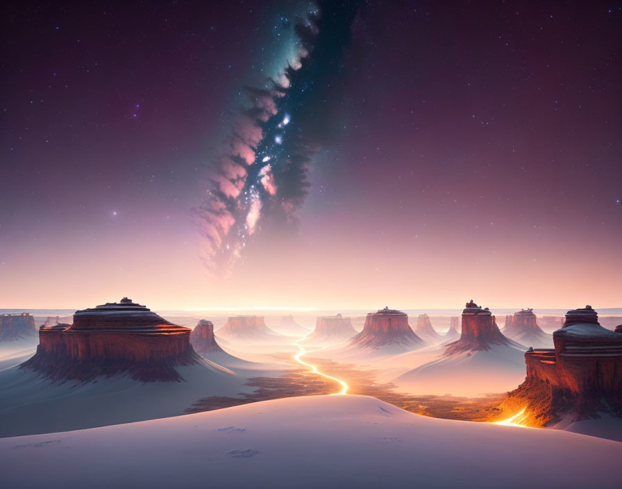 Mesmerizing Dusk Landscape with Towering Mesas and Cosmic Phenomenon