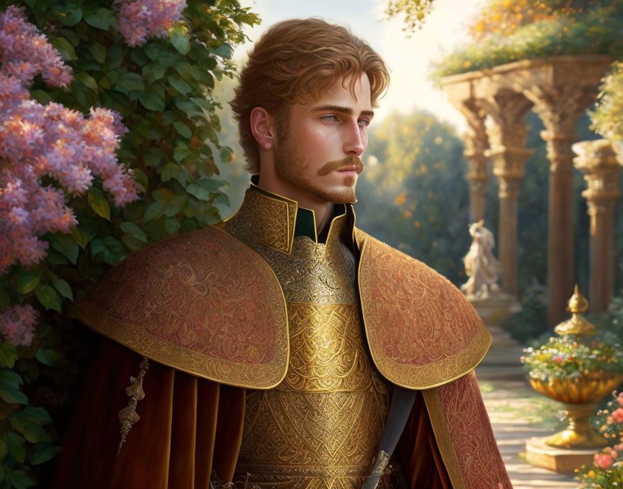 Regal man in golden armor contemplates in lush garden