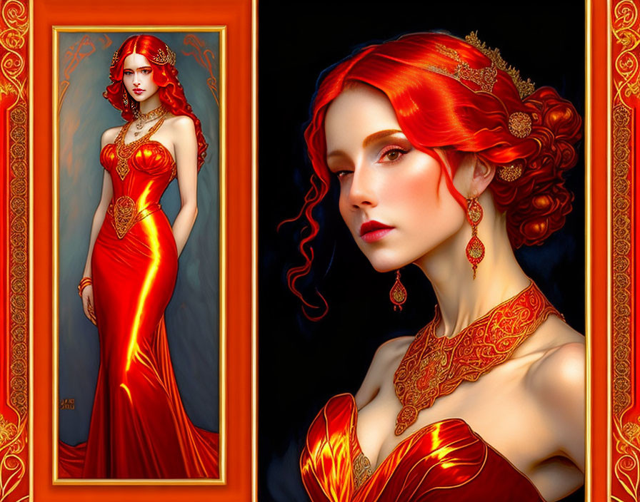 Digital artwork: Woman with red hair in golden-red gown, adorned with jewelry, framed in ornate