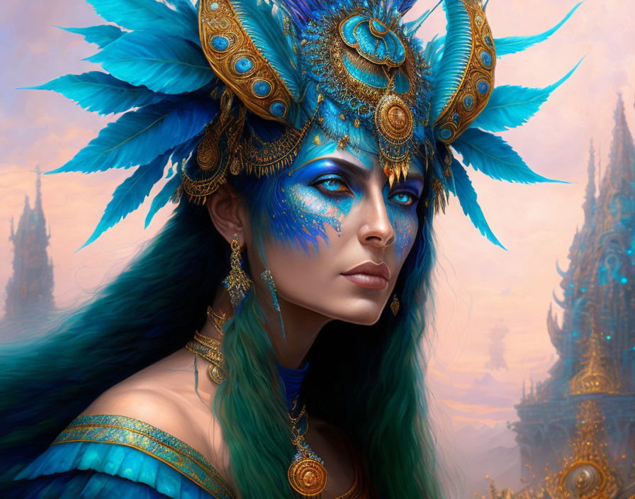 Blue feathered headdress and golden jewelry on female figure in front of blurred architecture