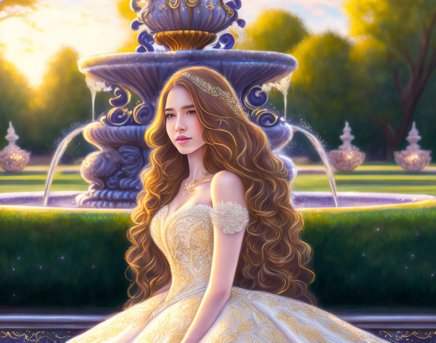 Young woman in yellow gown by fountain in serene garden at sunset