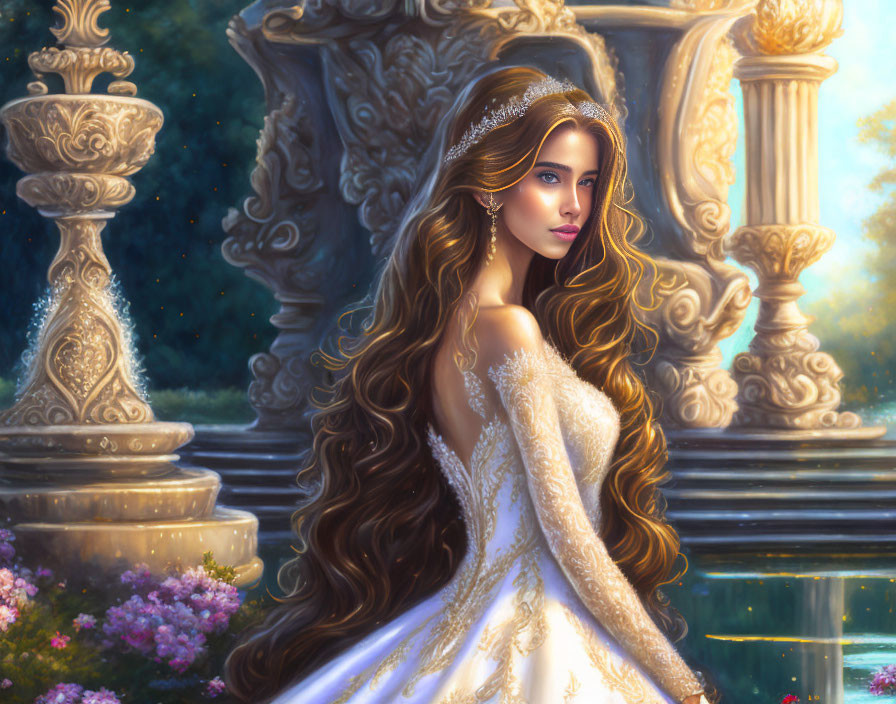 Brown-haired woman in white gown and tiara by stone balustrade.