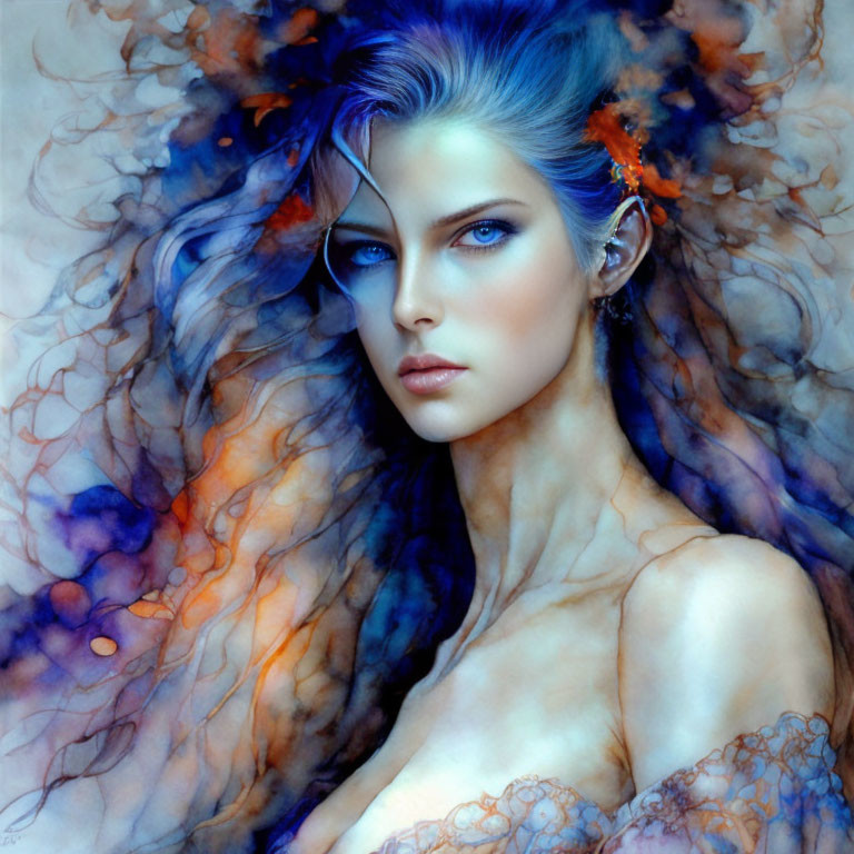 Mystical woman portrait with blue skin and intense eyes