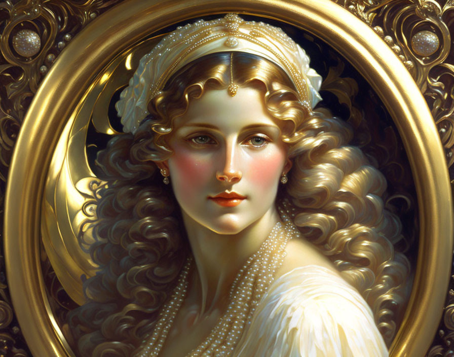 Classic Portrait of Woman with Curly Blonde Hair and Pearls