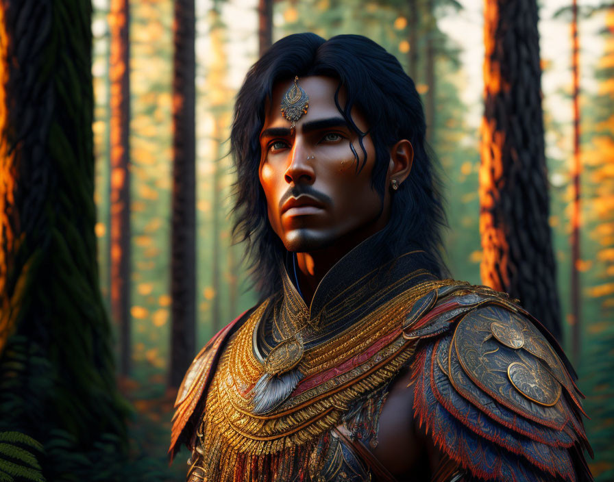 Male Warrior in Golden Armor with Black Hair in Forest Sunset