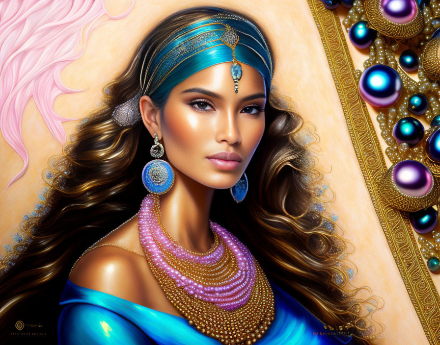 Tan-skinned woman in teal headband and blue drape with gold and pearl jewelry