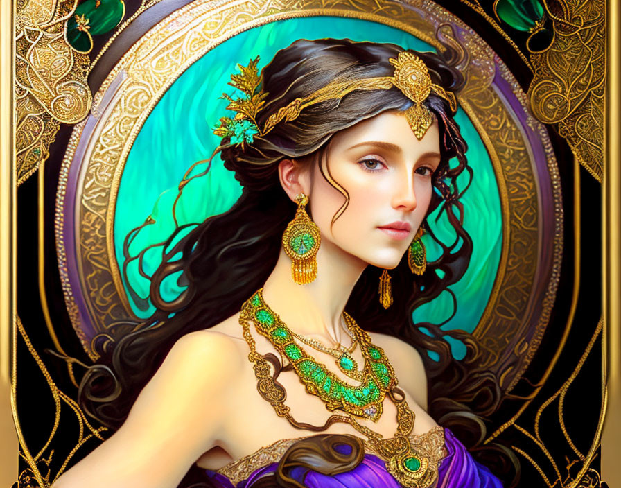 Illustration of woman with dark hair, golden headpiece, purple dress, in art nouveau style.