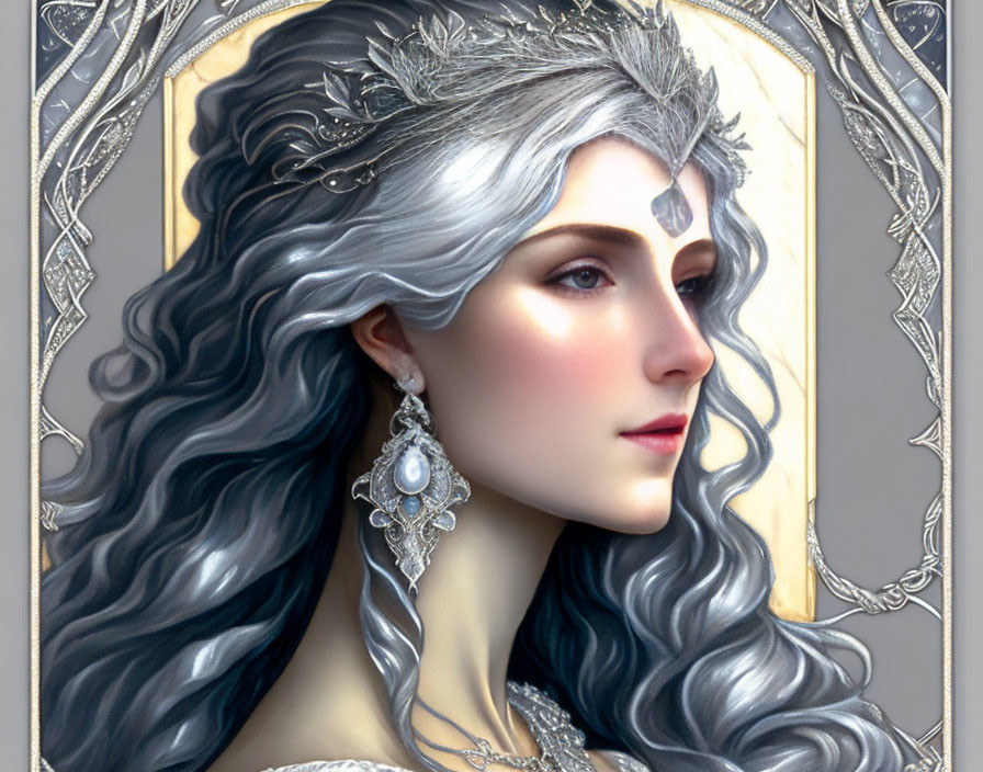 Regal woman with silver hair and crown in elegant fantasy illustration