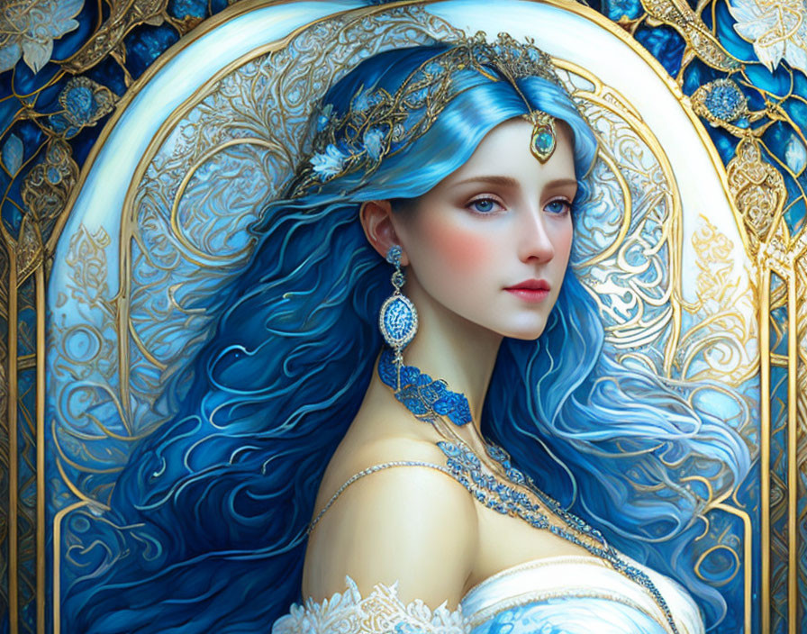 Fantasy illustration of woman with blue hair and ornate headpiece