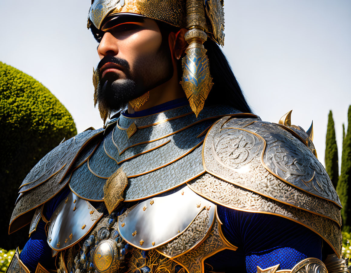 Intricate blue and gold armor on figure with black beard in intense gaze against foliage.