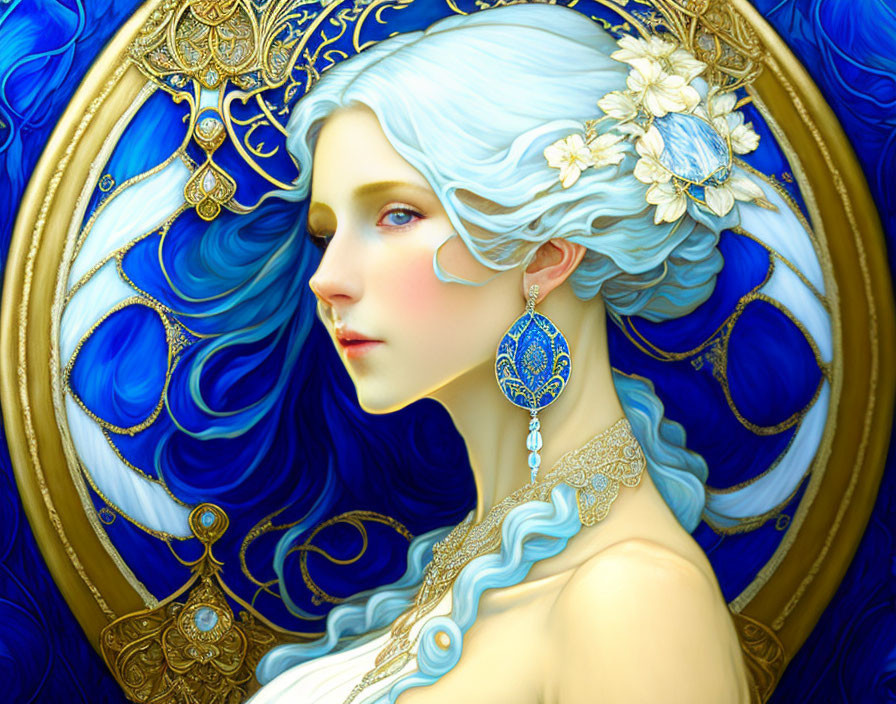 Woman with Pale Blue Hair and Gold Jewelry in Decorative Golden Circle