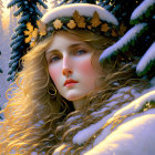 Serene Young Woman in Snowy Forest with Golden Leaves