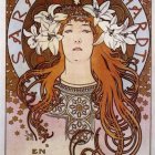 Art Nouveau-style woman with flowing hair and floral pattern