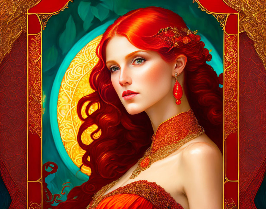 Vibrant red hair woman in matching attire against decorative backdrop