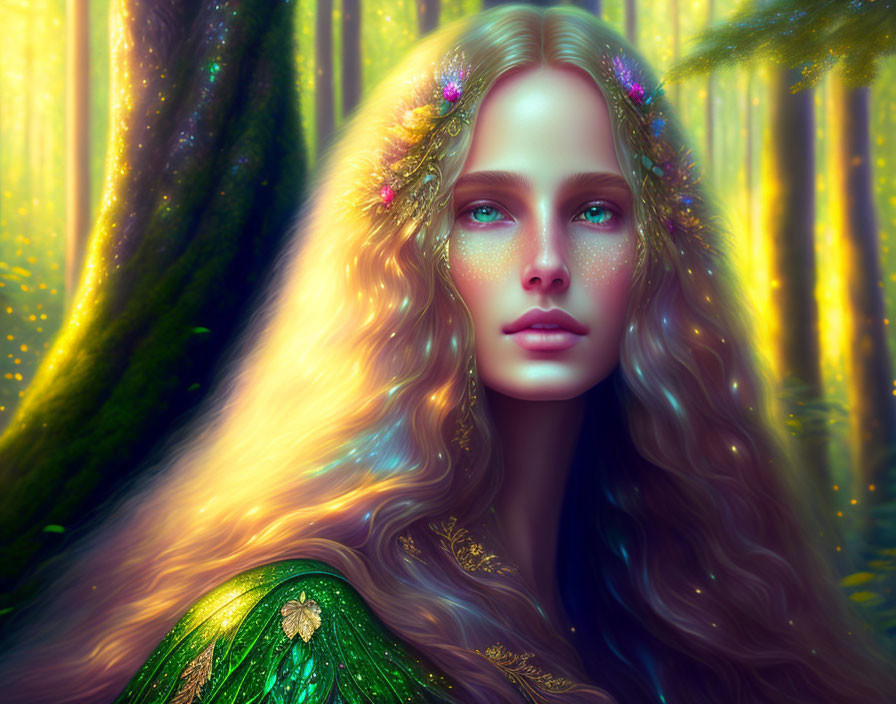 Fantasy woman portrait with golden hair and green cloak in ethereal forest