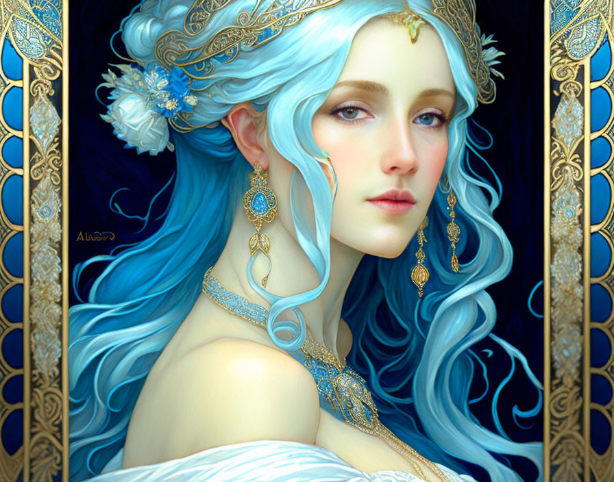 Ethereal woman with flowing blue hair in gold jewelry and intricate garments against golden background